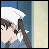Anime-style character with brown pigtails and white headscarf in blue shirt, showing sequential facial expressions from side profile to closed eyes.