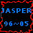 Pixelated blue text 'JASPER' and '96~05' on black background with jagged red border, three identical static frames shown in