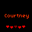 Two side-by-side pixelated displays of the name 'Courtney' in orange text above red heart symbols on a black background.