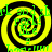 Four identical yellow and black spiral patterns with green text overlays arranged in a on a solid background