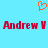 A static image with a light blue background features an orange pixelated heart symbol above red text reading "Andrew V Andrew V" in two identical segments.
