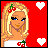 Pixel art icon of a blonde woman with cherry accessories against red background, two white hearts on right side.