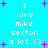 Pixelated cyan background with white text reading "I love mike sexton a lot <3" and pink plus signs scattered throughout.
