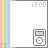 Pixel art of a gray iPod with a circular click wheel, displayed under colored 'iPOD' text on a white background with rainbow stripes on the left.
