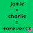 Green background displays two identical pixelated text equations with 'jamie + charlie = forever<3', where the heart symbol alternates between pink and gray.