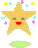 A yellow star-shaped character with gray eyes and red mouth floats above a green cloud, surrounded by small colored shapes.