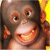 Pixelated close-up of a monkey's face with wide eyes and an open mouth showing teeth, set against dark and yellow background elements.