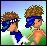 Two pixelated figures holding hands, one in blue shirt and white pants, the other in orange top and blue shorts, against a green and blue background with text changing from '...os pra' to 'Juntos pra Sempre!' across frames.