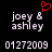Black background displays two identical text blocks with 'joey & ashley' and date '01272009', one featuring a red pixelated heart above the ampersand.