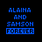 Two side-by-side pixelated text displays on black background, each showing 'ALAINA AND SAMSON FOREVER' with blue and white lettering.