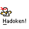 Animated contact sheet showing a pixel art character performing the Hadoken move with sequential frame changes including energy effects and text display.