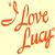 A split-frame contact sheet showing two static text-based icons: left frame with orange cursive "I Love Lucy" on light background, right frame with green pixelated "Original Icons .com" on dark background.