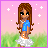 Pixel art of a girl with long brown hair in a blue top and white skirt standing in grass, with pink background and white stars, text 'summer girl' visible.