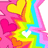 Pixelated rainbow star with heart shapes in pink, yellow, and white on a solid pink background.