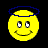 Static pixel art icon of a yellow smiley face with blue halo, black and white eyes, and greenish-yellow smile on solid black background.