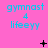 A static image with a bright pink background displays repeated text "gymnast 4 lifeeyy" in cyan, accompanied by small black symbols like plus signs and dots.