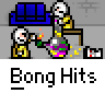 Animated contact sheet of a 5x5 grid showing sequential frames from an animated buddy icon featuring cartoon characters with blue couches and text "Bong Hits" below each frame.