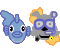 Pixelated blue fish head with large eyes and a small mouth appears alongside gray robot-like figure wearing glasses, yellow tag, and orange flame accents in four