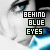 repeated pixelated faces with blue eyes and a glowing blue triangular shape below text reading BEHIND BLUE EYES