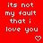 Red background with white pixelated text repeating 'its not my fault that i love you' and small heart symbols in different positions across the