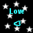 Black background with white stars, cyan 'Love' text, and cyan heart symbols in a repeating pattern.