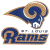 A pixelated contact sheet showing two frames of an animated St. Louis Rams NFL team icon with a ram head logo and text on white background, alongside green "Original Icons .com" branding on dark green.