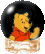 Three static views of a Winnie the Pooh snow globe icon showing different facial expressions and arm positions within a black spherical glass dome.