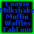 Pixelated blue text on black background with green border, displaying 'Cookie Milkshake Muffin Waffles FabFour' in four identical arranged in a
