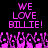 Pixelated pink text "WE LOVE BILLIE!" repeated twice on black background with pixelated crowd below.