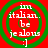 Four identical circular icons with red background and green concentric rings, each containing white text reading 'in italian. be jealous :]'.