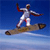 Pixelated static icon of a figure in white attire performing a skiing action on a brown ski, set against a blue gradient background with light horizontal bands.