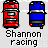 Pixelated red and blue cars with 'Shannon racing' text below, showing motion effects like smoke trails and tire marks