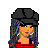Pixel art character with red-and-black striped top, black pants, and black cap; blue-purple hair; red belt with yellow symbol.
