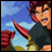 Pixelated anime-style character with red hair and a black top, holding a red and yellow weapon against a blue sky background, next to text reading "Anime IM" and "COM" on black.