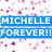 Pixelated text blocks display names and 'FOREVER!!!' on a white background with pink speckles, showing no motion.