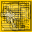 A pixelated animation of a white cursor interacting with a yellow and brown interface, showing sequential changes in cursor position and interface elements.