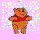 Pixelated cartoon bear in red shirt on pink background, shown in six distinct poses across a