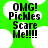 Green background with white speech bubbles containing black text reading "OMG! Pickles Scare Me!!!!!" in pixelated font.