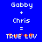 Blue background with white pixelated text reading 'Gobby + Chris = TRUE LUV' and red-orange pixel accents on the letters.