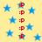 Yellow background with scattered blue stars and red ':P' text symbols in vertical