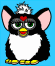 Pixelated character with black and white fur, pink ears, yellow beak-like mouth, green eyes, red heart on forehead, small crown atop head, standing against blue background.