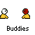 Pixel art of two figures in yellow shirts with white and red heads, displaying text phrases like "Buddies whaddup?!" and "Racism is Still Bullshit" against a gray background.
