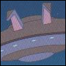 A cartoon-style spaceship with two pink cylindrical structures on a brown deck, floating above a blue background with white dots.