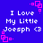 Blue background with white text reading "I Love My Little Joesph <3" and pink square-shaped pixel art elements arranged in four corners.