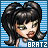 A 6-frame animated contact sheet of a pixel-art doll character with dark hair in pigtails, light blue top, and green eyes against a striped background, each frame showing subtle facial expression changes.