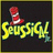 A pixelated graphic with a black square containing 'Seussical' text and a red-and-white striped hat, set against a bright yellow background with orange text fragments.