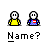Pixel art of two cartoon figures with speech bubbles displaying text like "HI", "WUTS", and "OH I SEE" above repeated "Name?" labels.