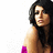 Pixelated image of a woman with long dark hair wearing a purple top, next to cyan text on black background.