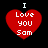 Four identical red heart-shaped icons with white text "I Love You Sam" on black background, arranged in two of two