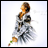 Animated pixelated figure in flowing gray robe with brown hair, holding a small object against light background, next to black with white text